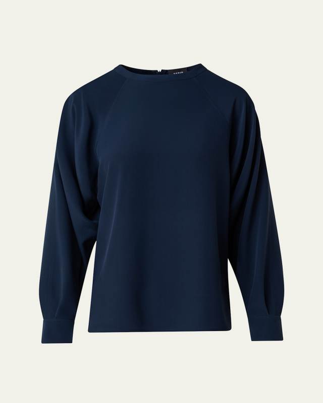 Crewneck Long-Sleeve Silk Crepe Blouse